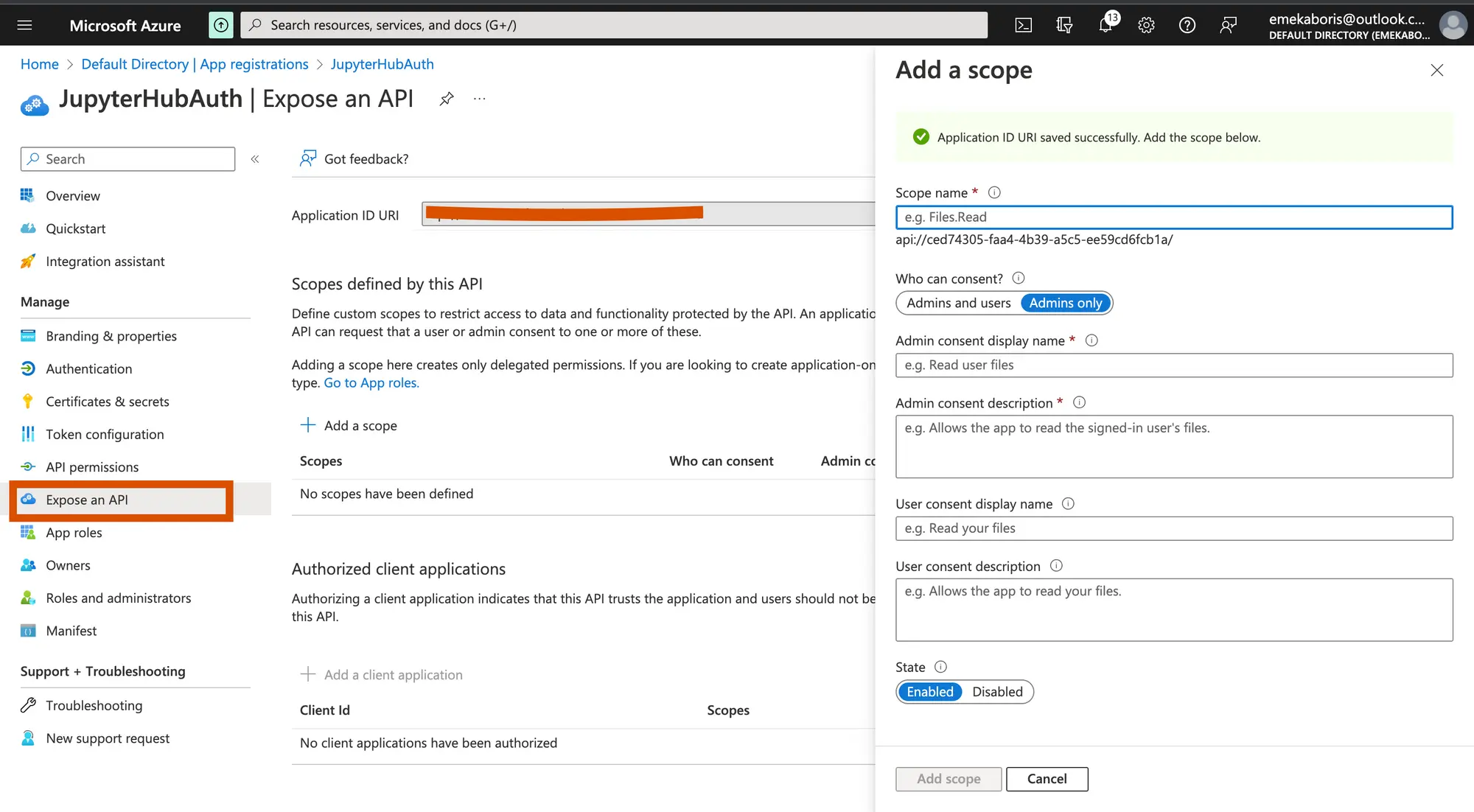 Screenshot of adding azure ad scope