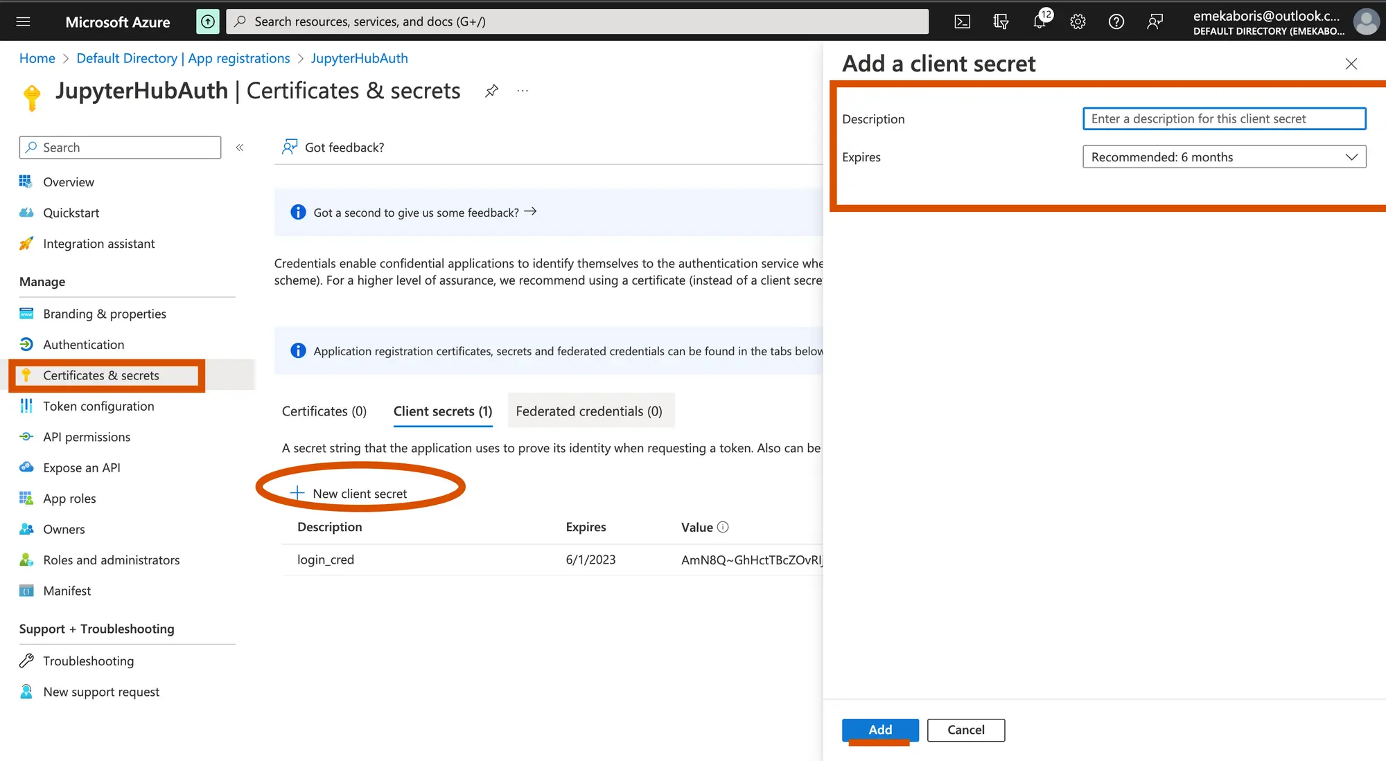 Screenshot of azure ad credentials