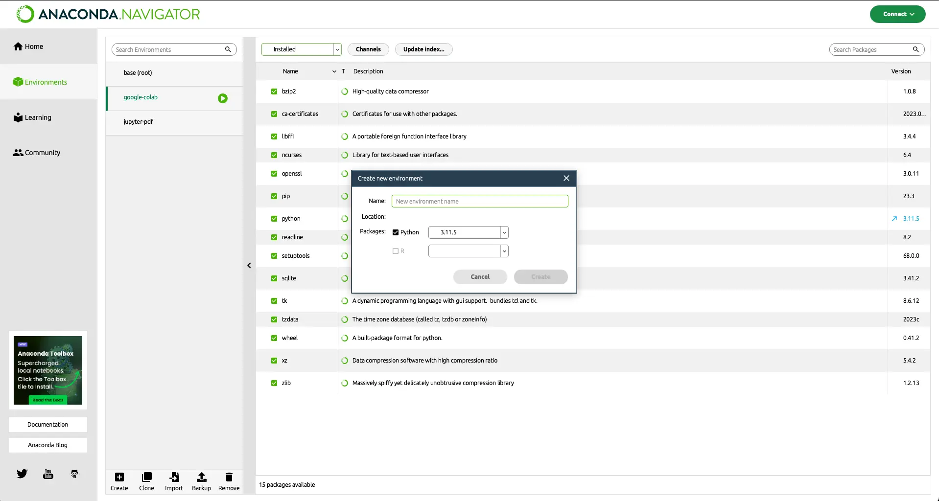 Conda navigator creating environment