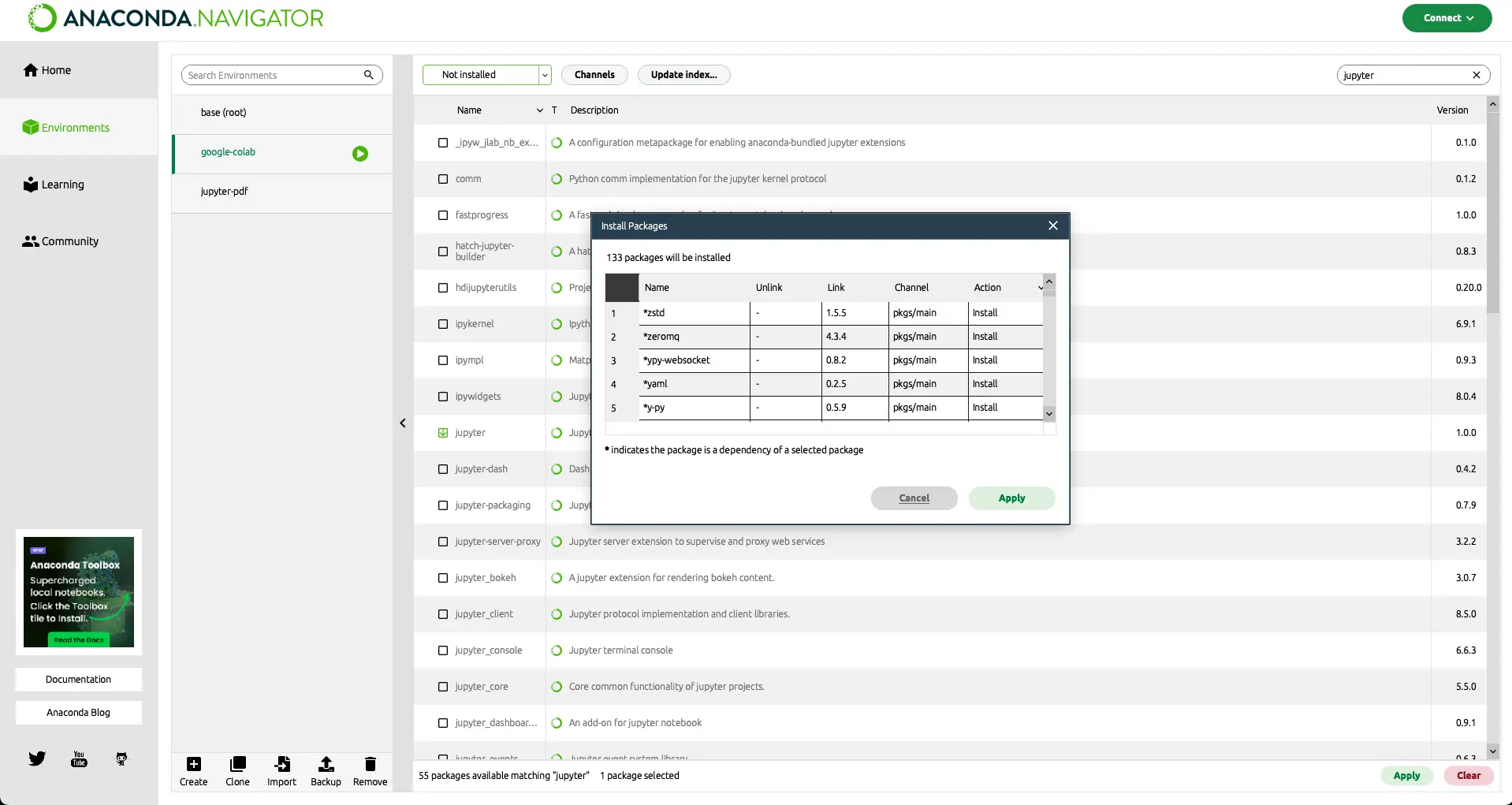 Conda navigator installing environment