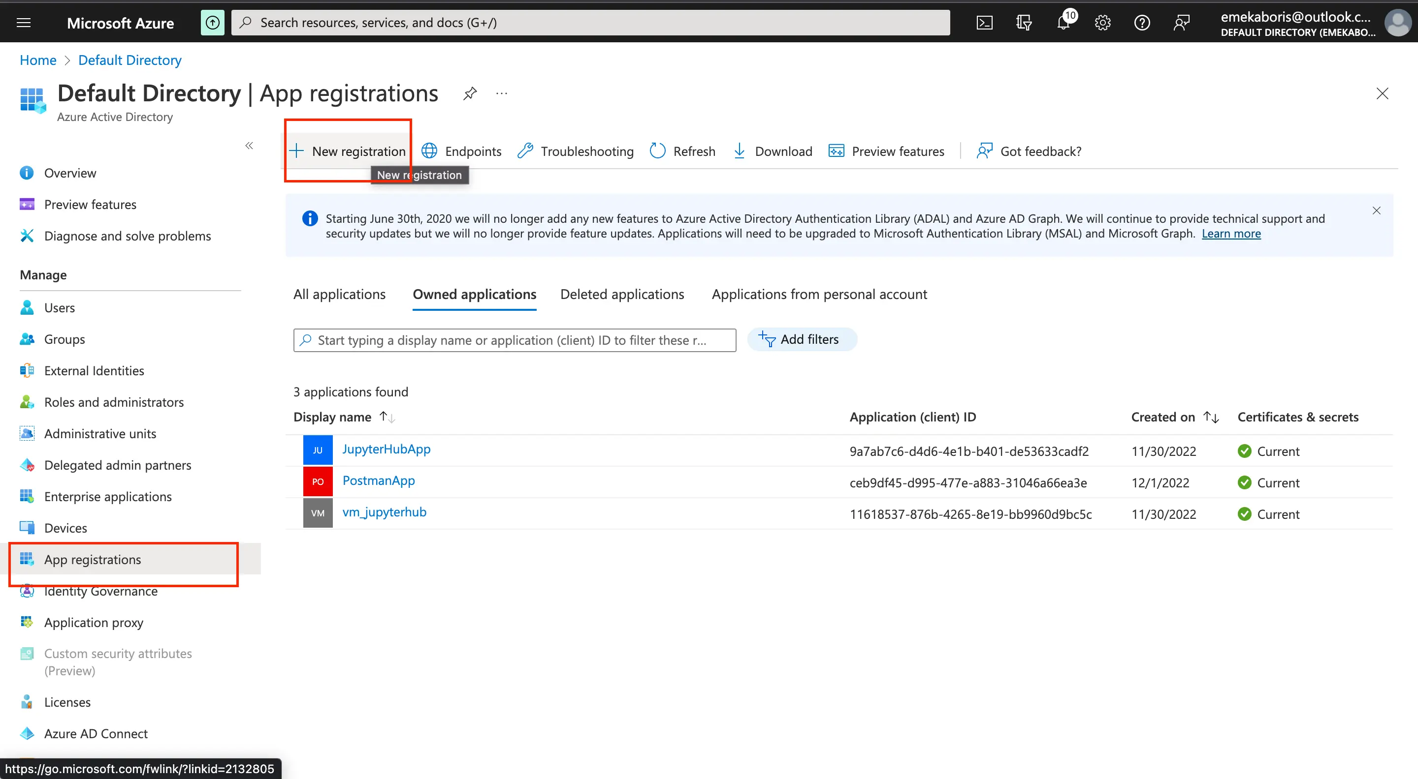 Screenshot of setting up Azure app registration