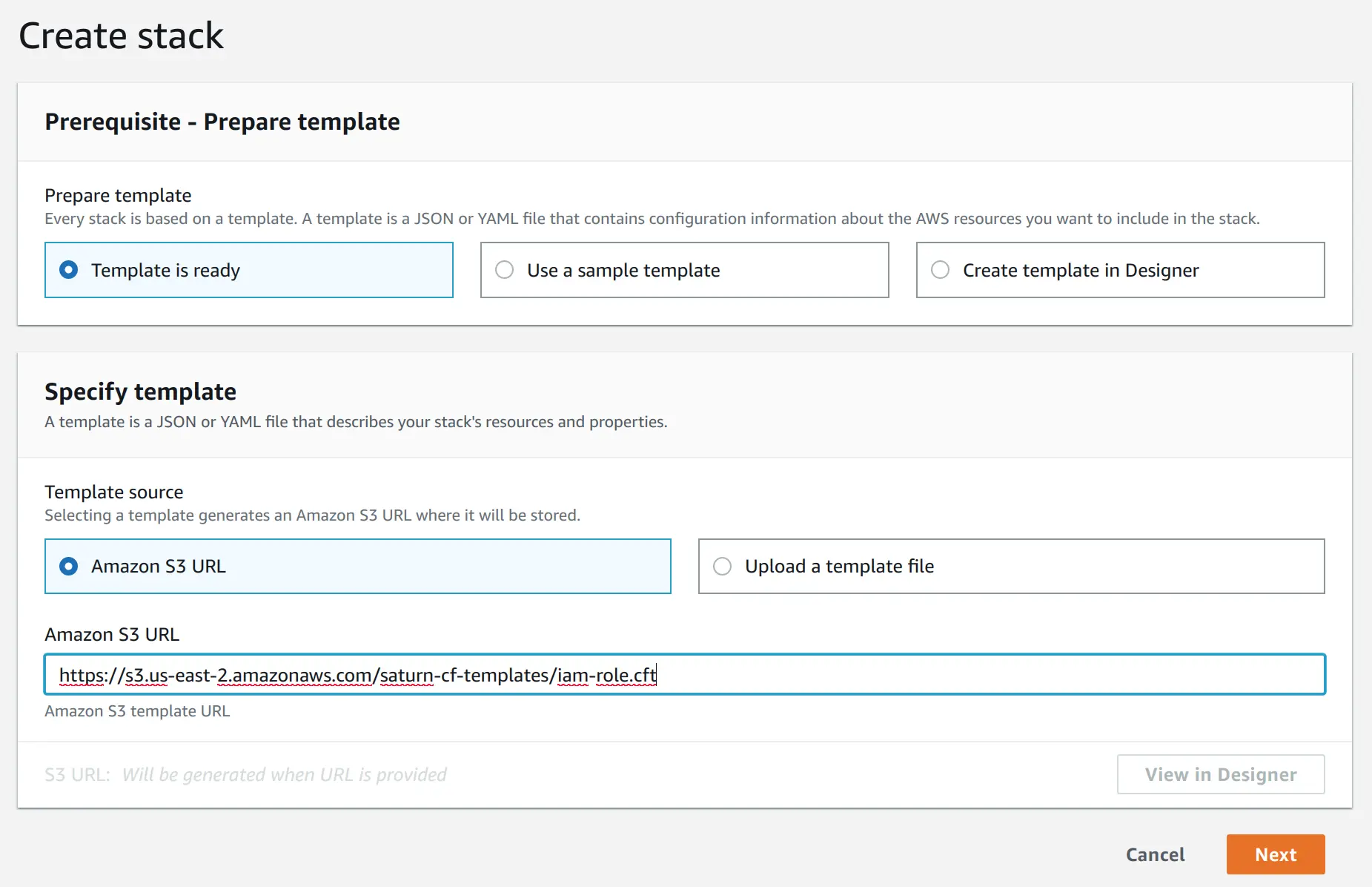 Screenshot of AWS Console showing Create Stack form