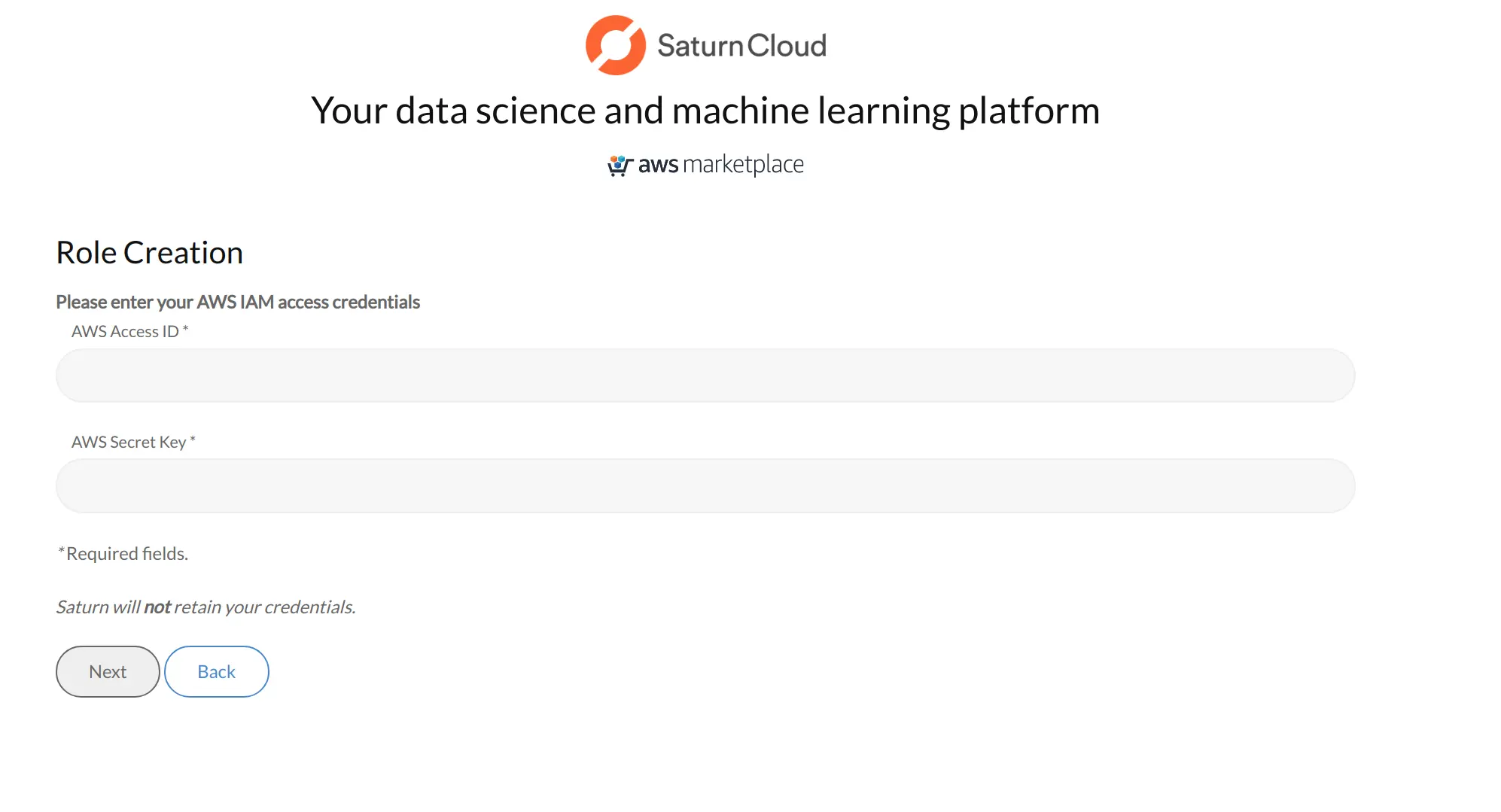 Screenshot of Saturn Cloud installer page asking for IAM credentials