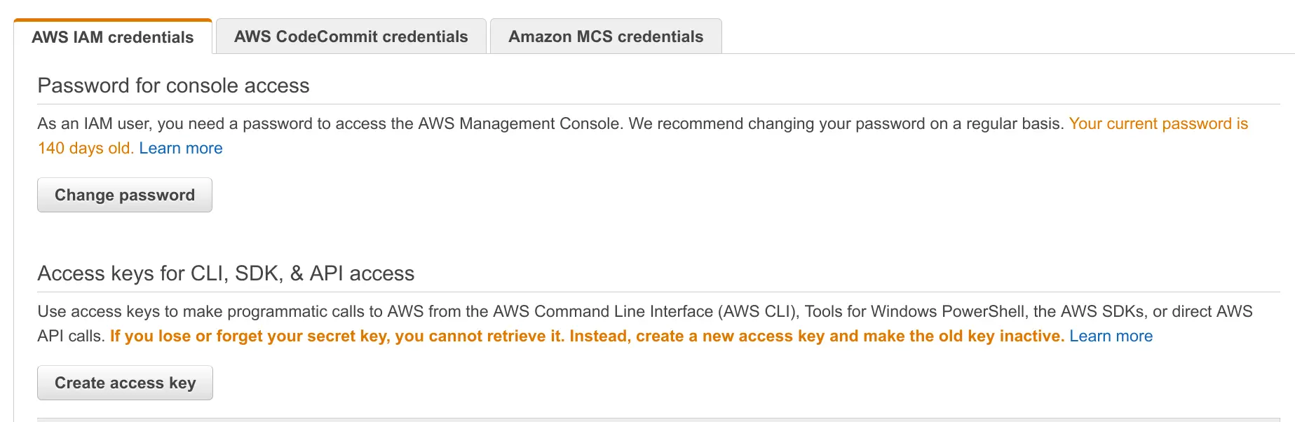 Screenshot of AWS management console IAM credentials tab