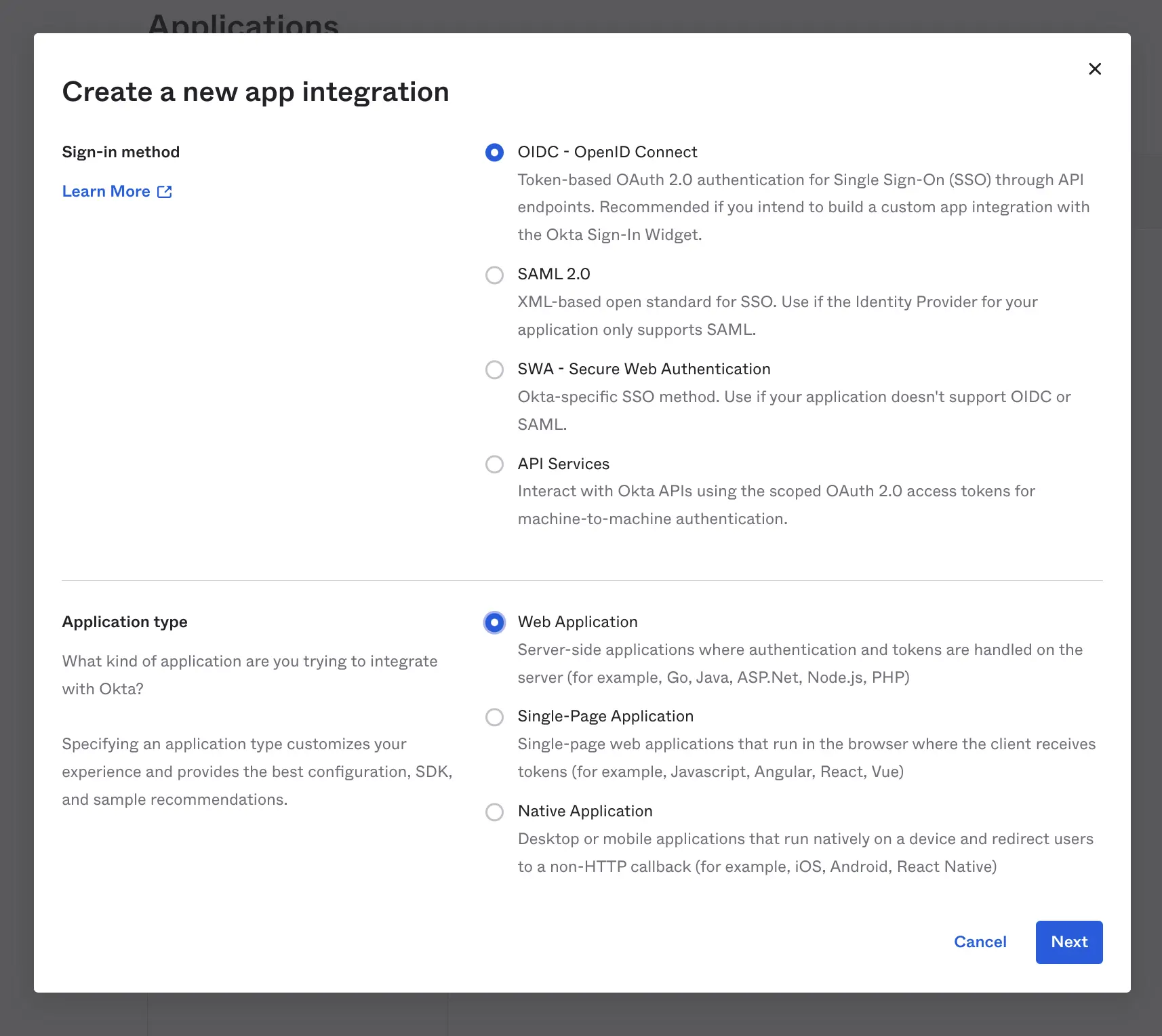 Okta Create App Form