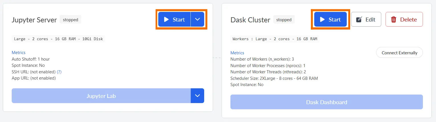 Screenshot of card in resource for Jupyter server with a rectangle around the start button