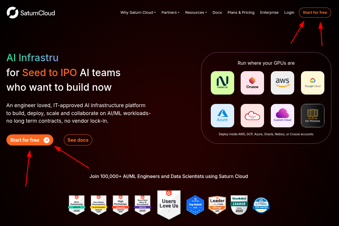 Saturn Cloud homepage with arrows pointing to “Start for Free”