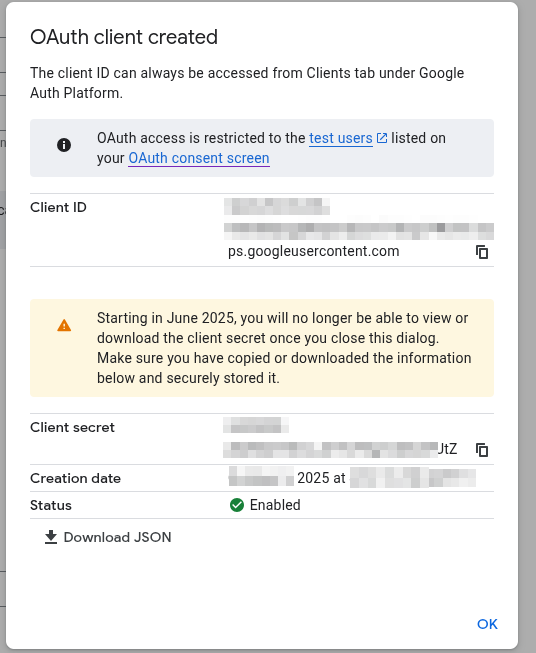 OAuth client created with client ID shown